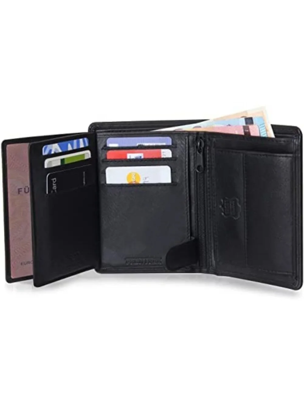 Men's Trifold Nappa Leather Wallet - RFID Protection, 15 Card Slots, Black